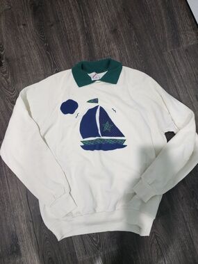 Jerzees Cream Crewneck Sweater with Green Collar and Navy Sailboat